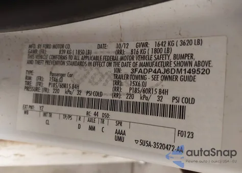 2013 Ford Fiesta S z USA, uszkodzony, nr VIN 3FADP4AJ6DM149520